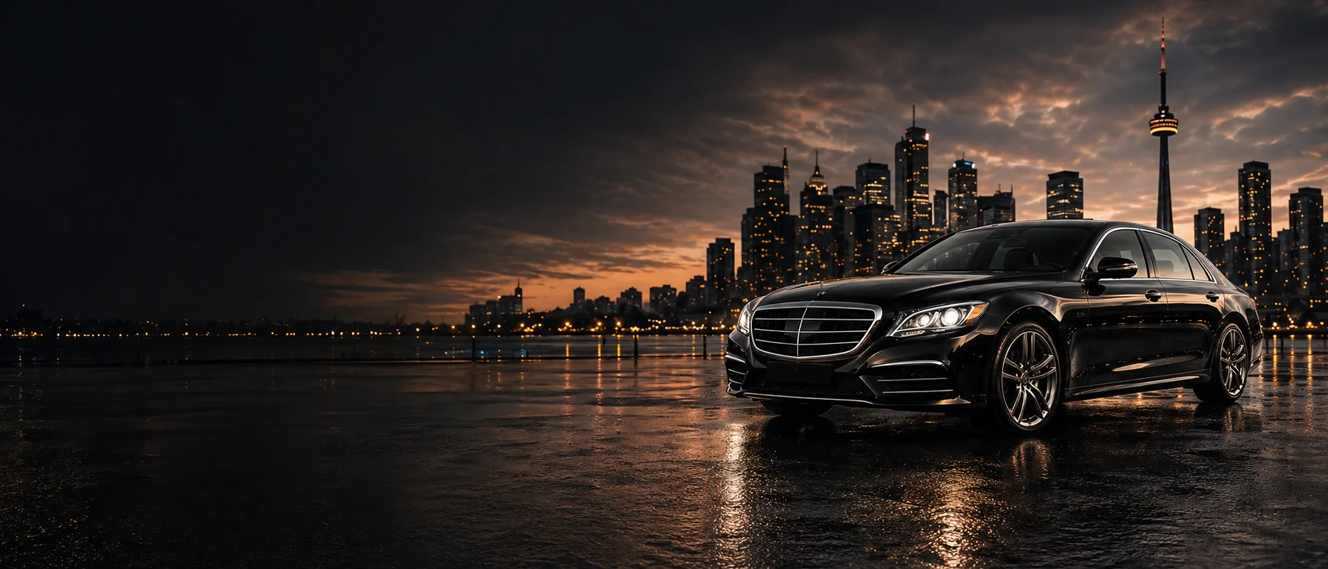 Black luxury sedan with the Toronto skyline behind it